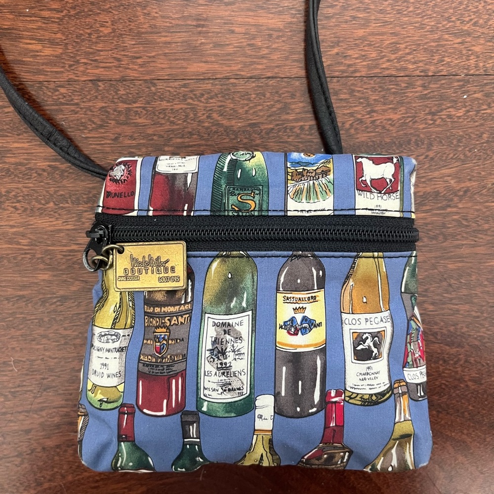 Nicole Miller Y2K 1990s Vintage Wine Bottle Print Blue Satin Crossbody Bag